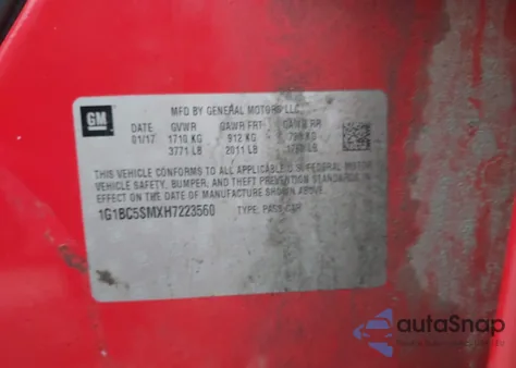 2017 Chevrolet Cruze Ls Auto z USA, uszkodzony, nr VIN 1G1BC5SMXH7223560